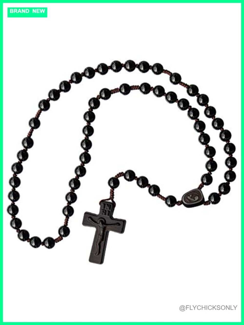 5 Decade Catholic Rosary Black Onyx Jujube Wood 8mm Beads 16" Corded Necklace